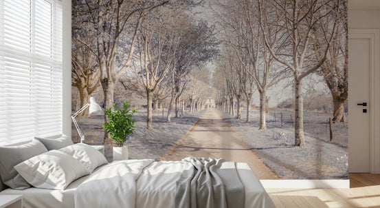 Bedroom with Nature's Corridor wall mural and tree-lined path, GD8836