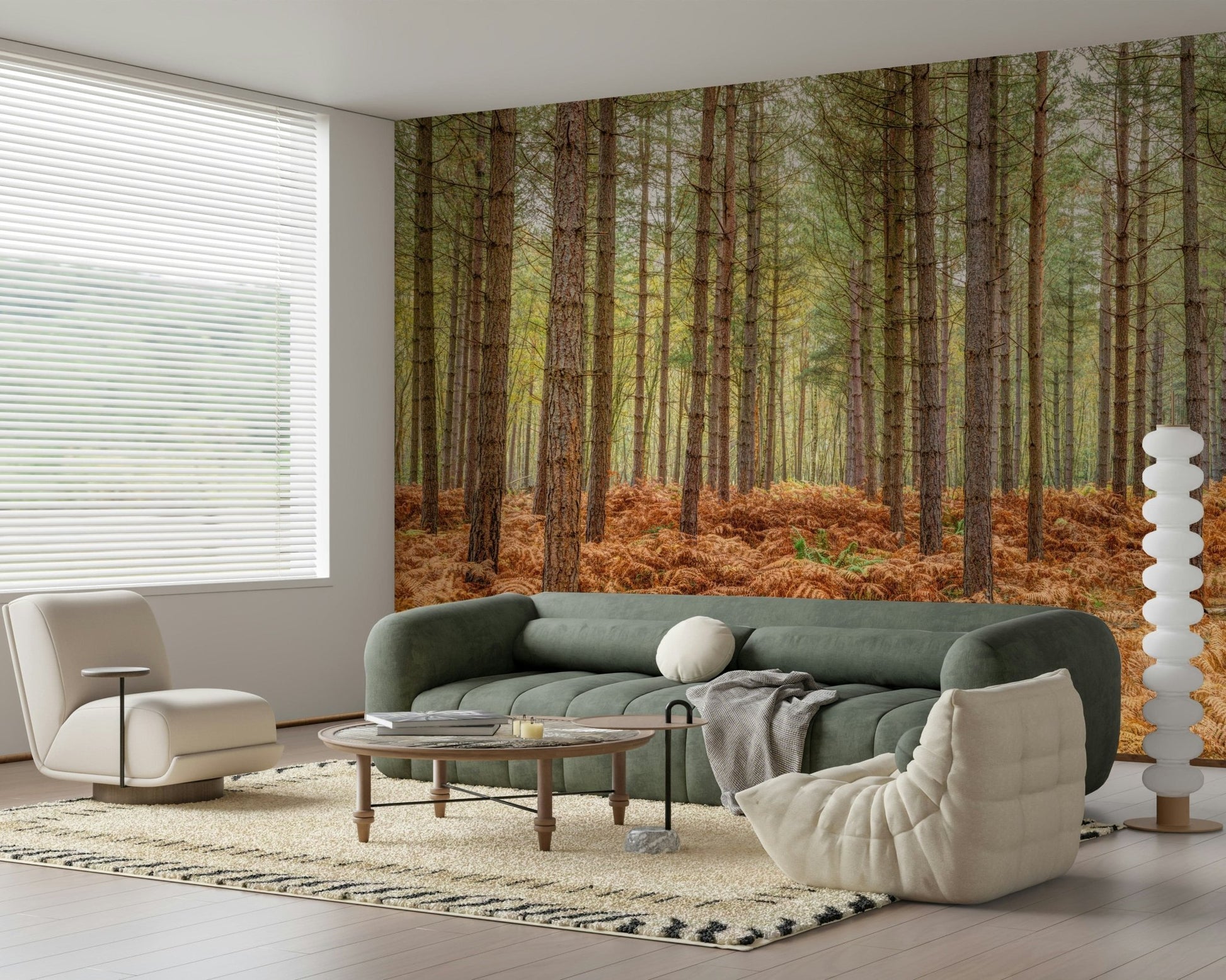 Woodland wallpaper with vertical tree lines and an autumn forest floor.