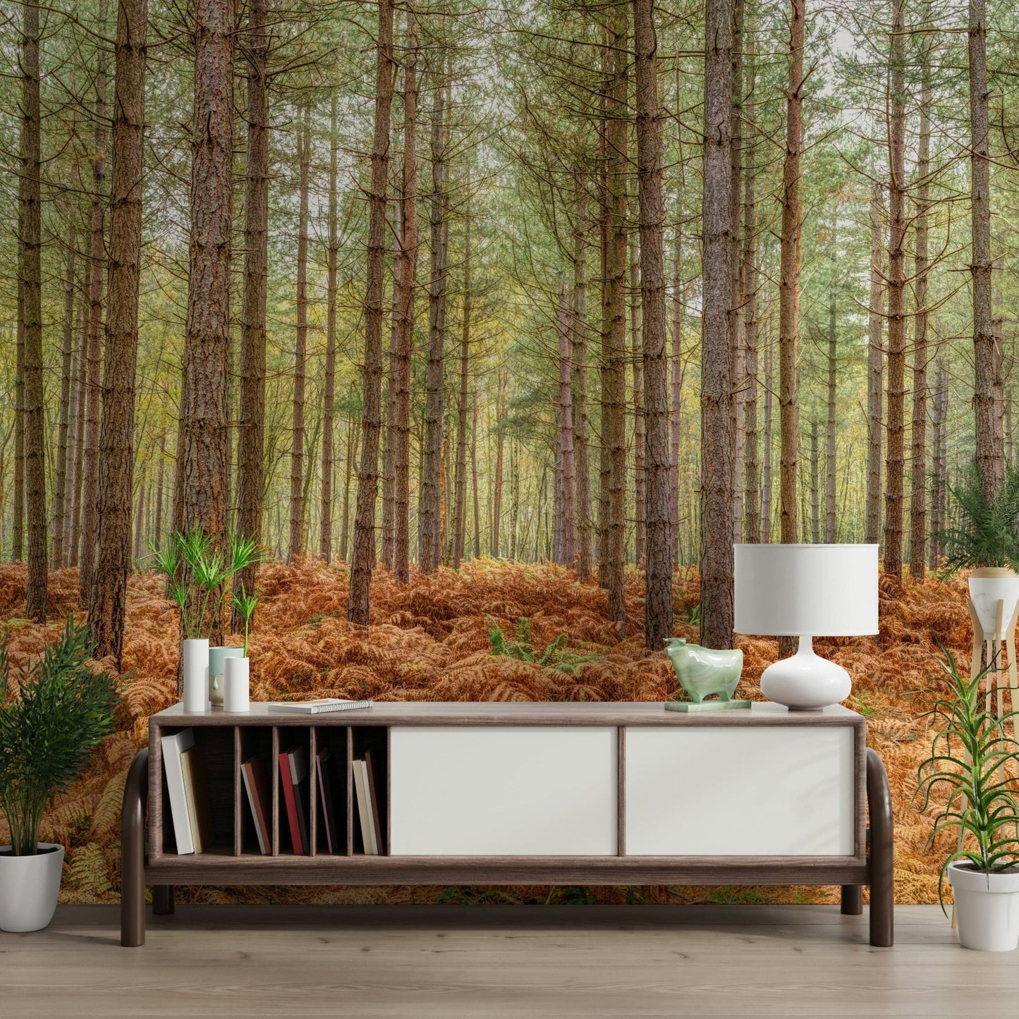 Wilderness landscape wall mural with detailed bark and fern textures.