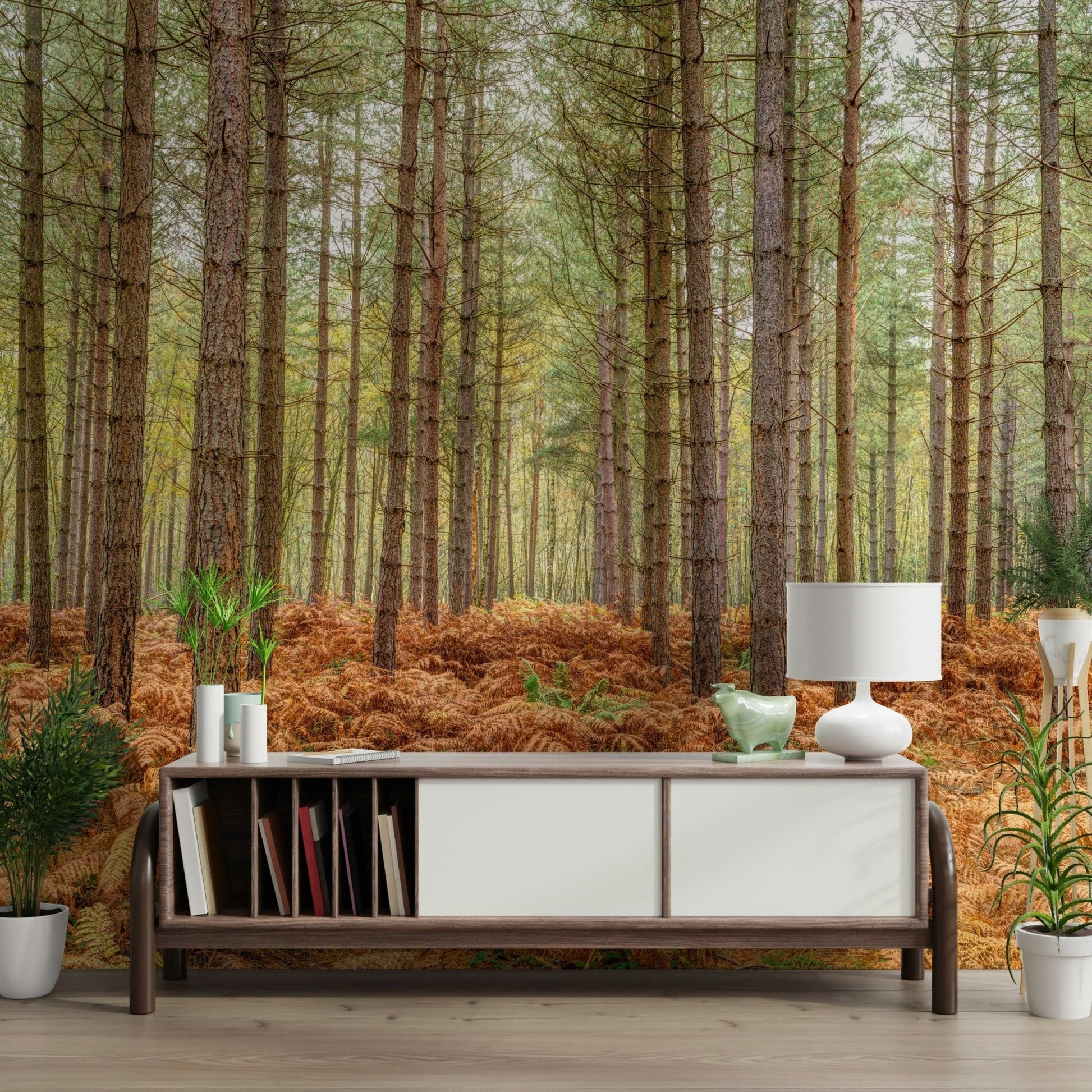 Wilderness landscape wall mural with detailed bark and fern textures.