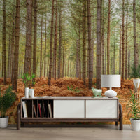 Wilderness landscape wall mural with detailed bark and fern textures.