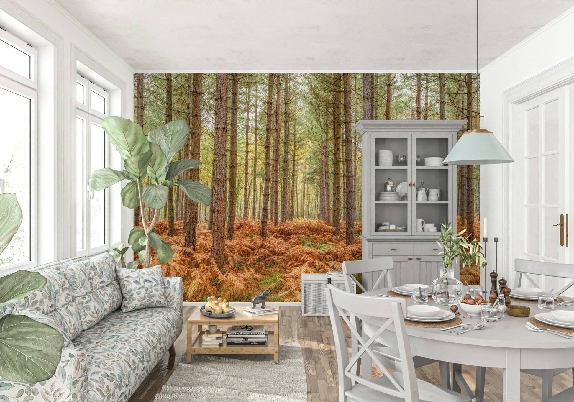 Nature's Embrace wall mural featuring tall pine trunks and golden ferns.