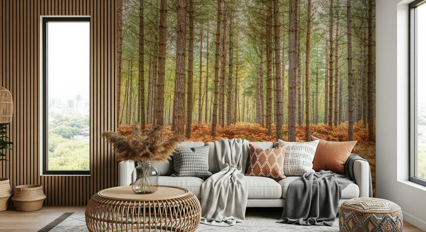 Tall timber wallpaper with a carpet of copper-coloured seasonal foliage.