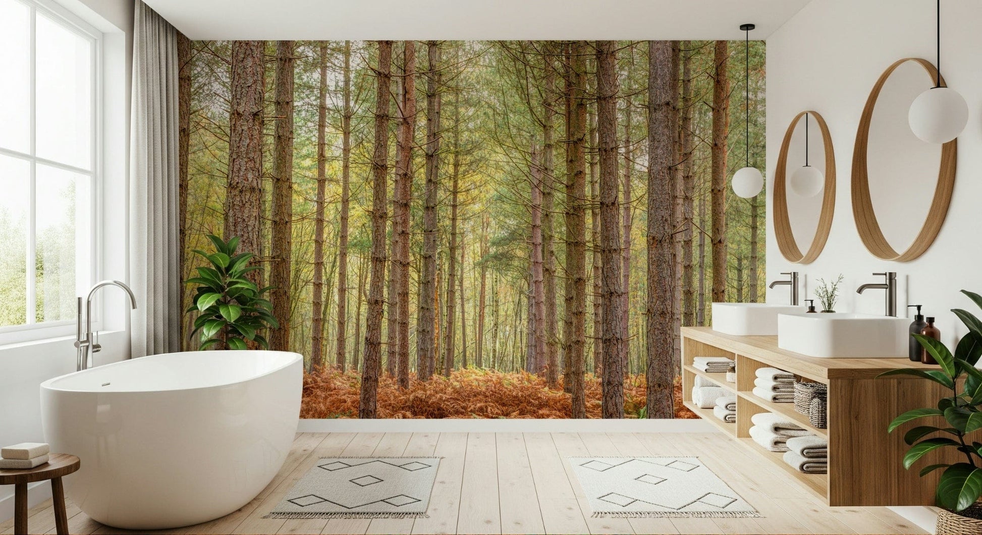 Rustic forest wallpaper illustrating a quiet morning in a pine woodland.