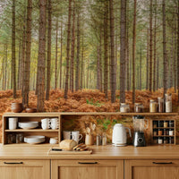 Scenic forest wall mural showcasing earthy brown and muted green tones.