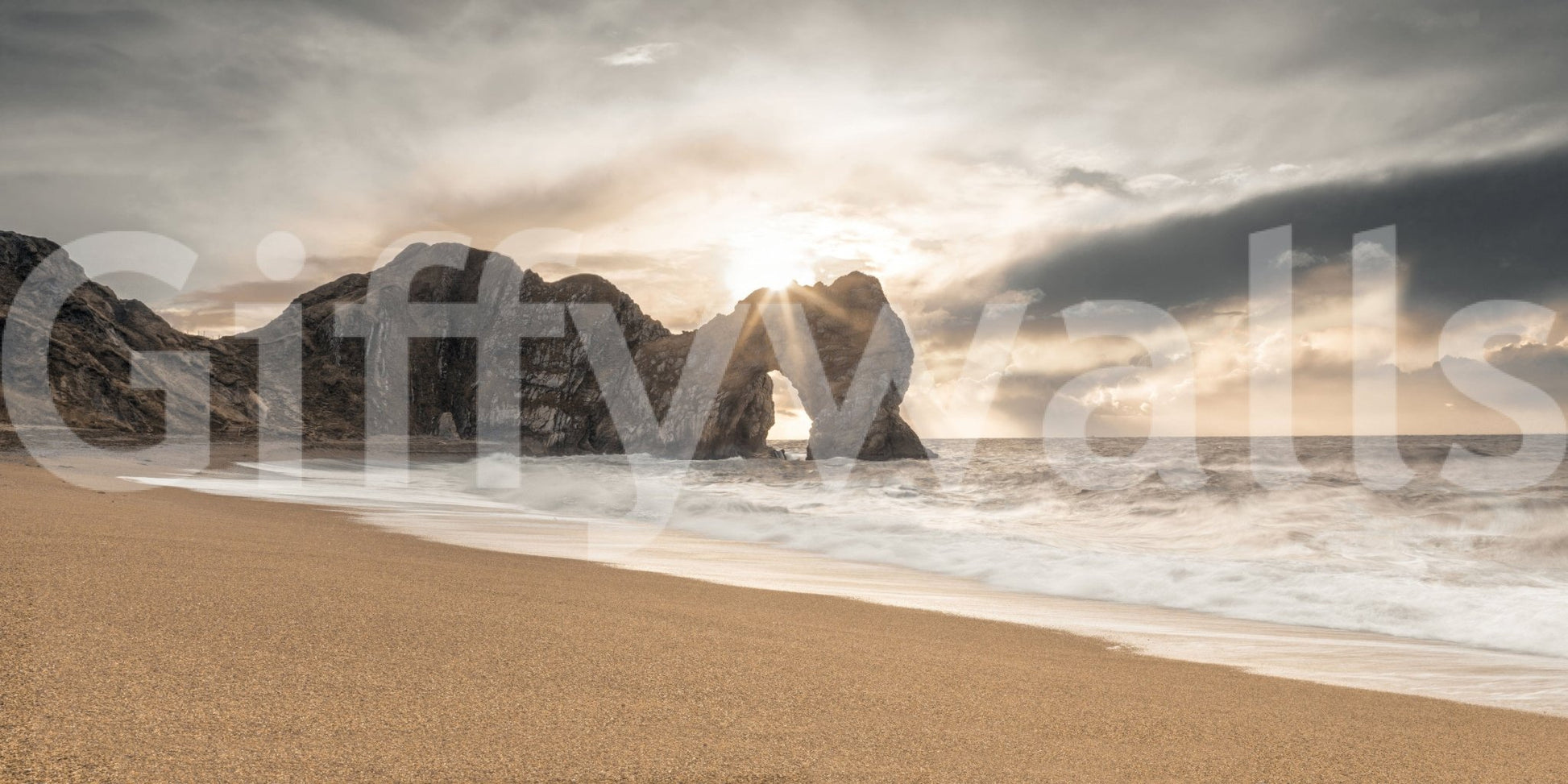 Stylish feature wall for an entryway using a detailed landscape mural with trees and sky.