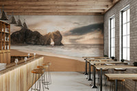 Modern home office featuring a scenic outdoor mural on a large feature wall for depth.