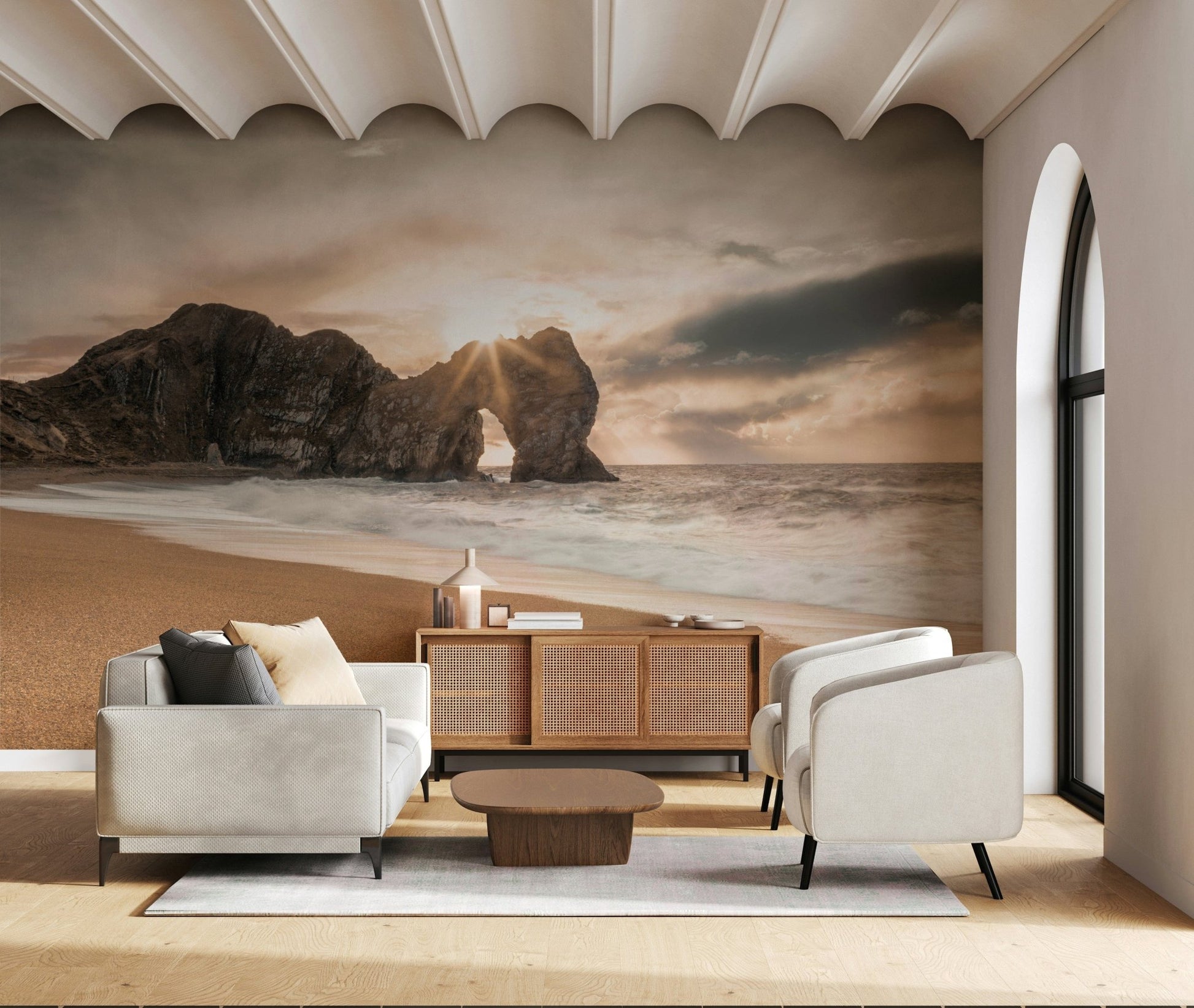 Lush outdoor scene mural used as a backdrop for a minimalist lounge furniture set.