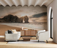 Lush outdoor scene mural used as a backdrop for a minimalist lounge furniture set.