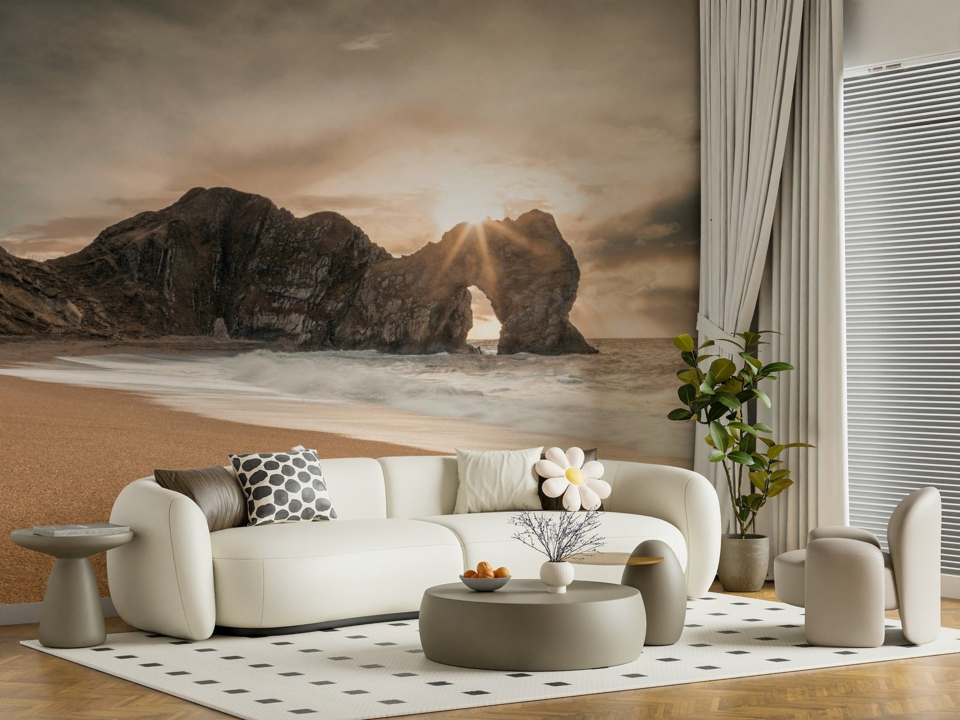 Nature's Gateway Wall Mural in a spacious living room with jute rugs and green accents.