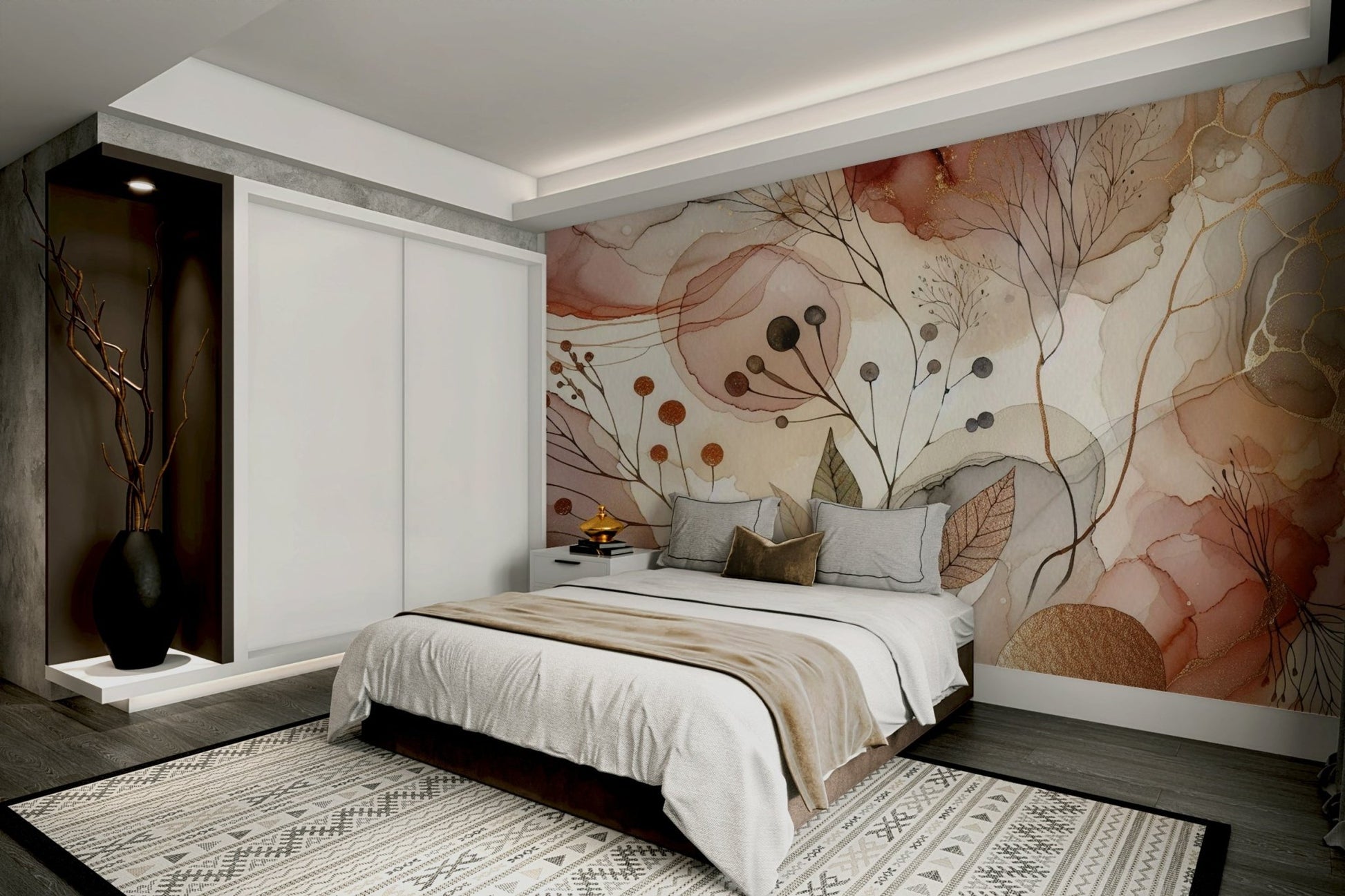 Peaceful nature scene mural in neutral greens and taupes.

