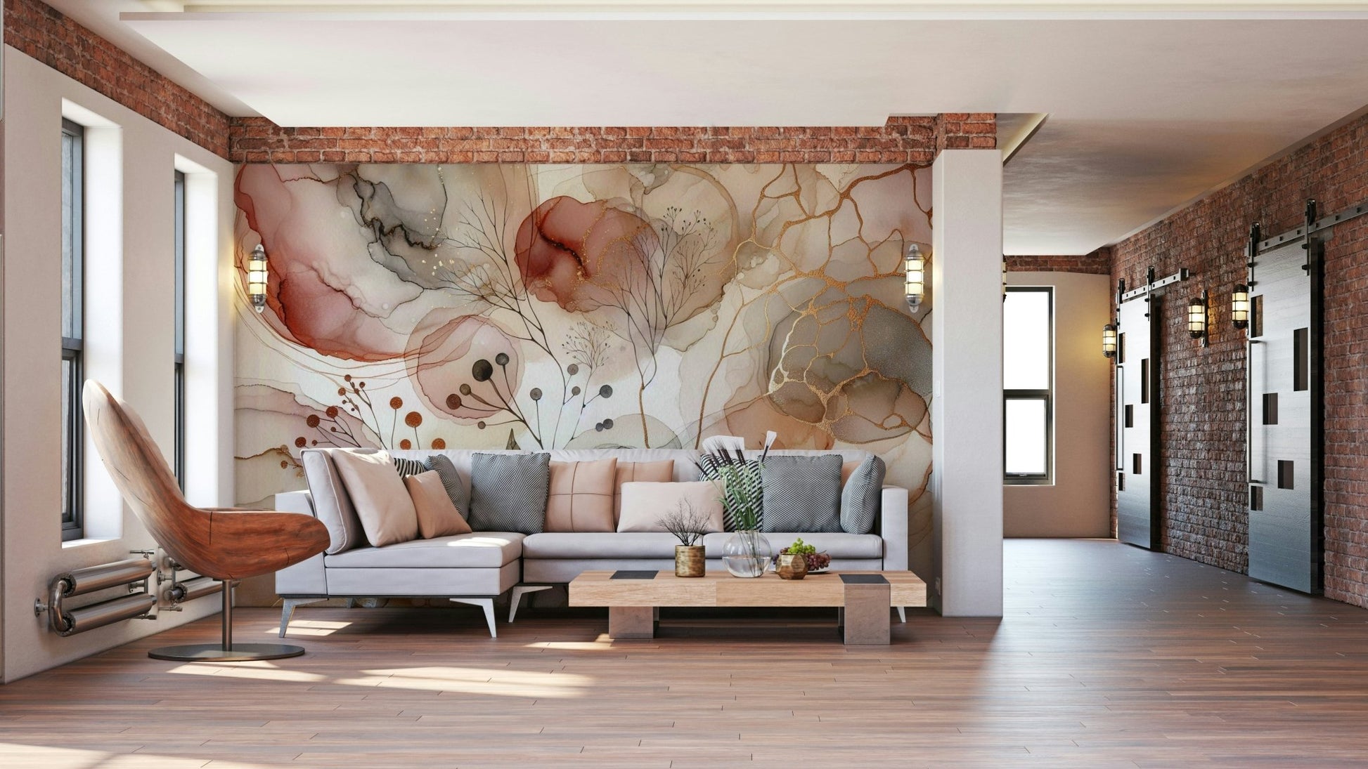 Serene landscape mural with trees and subtle brushstrokes.

