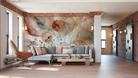 Serene landscape mural with trees and subtle brushstrokes.

