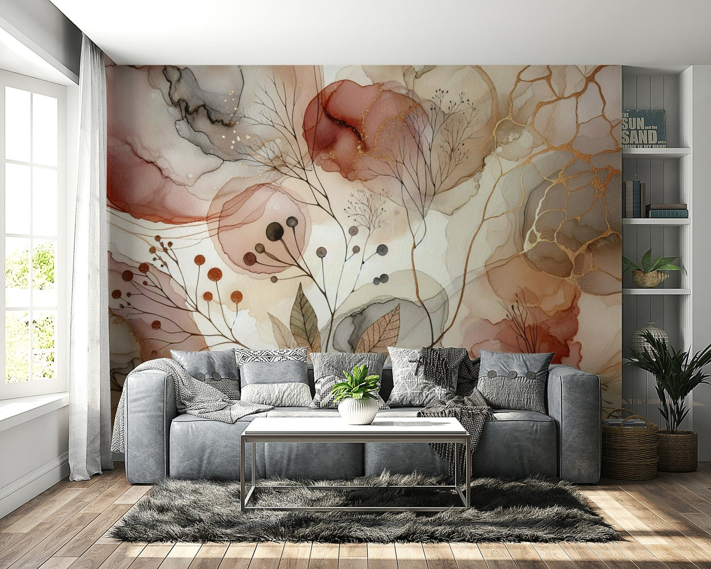 Forest-inspired mural with muted earthy hues.

