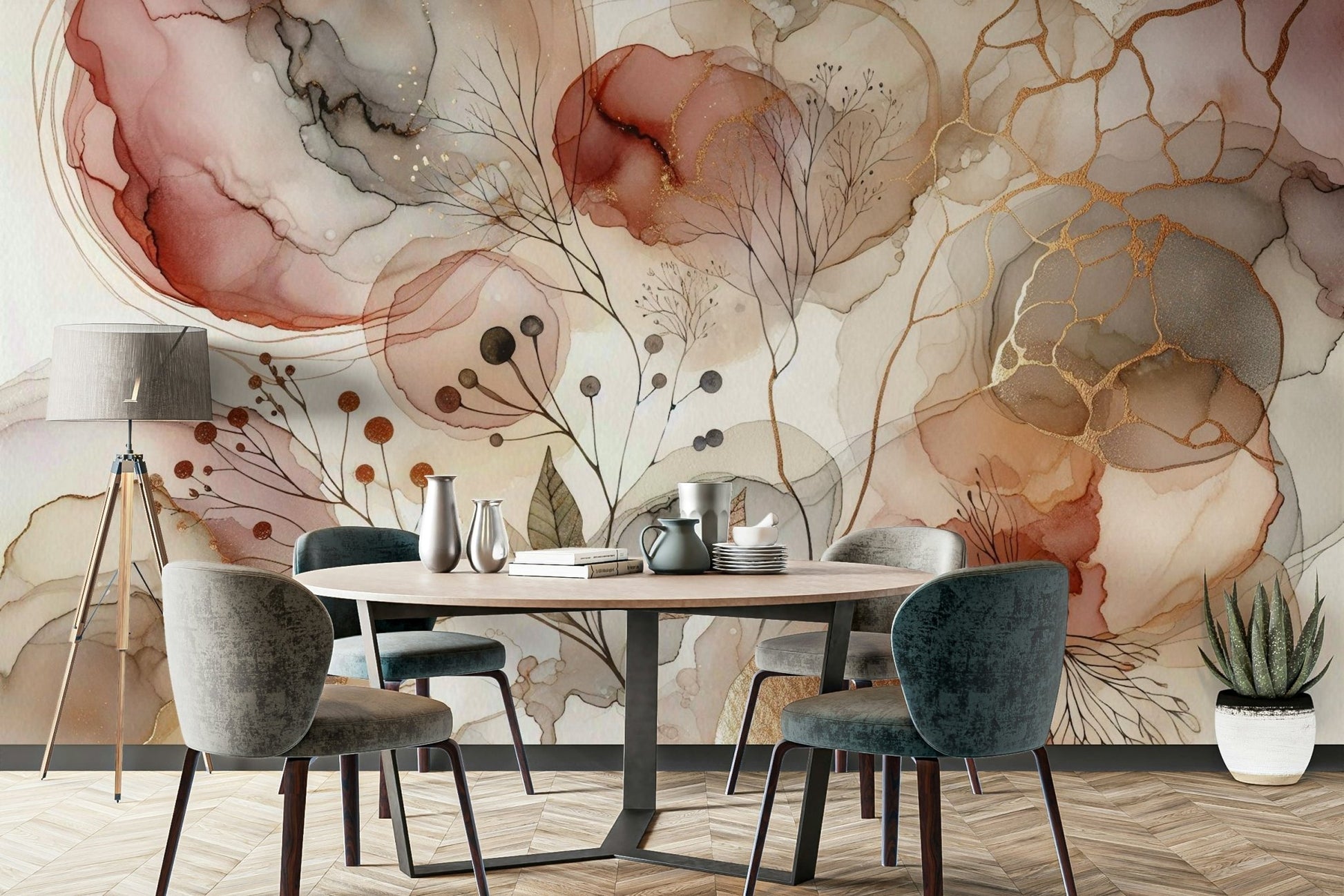 Tranquil wall mural with graceful botanical elements.

