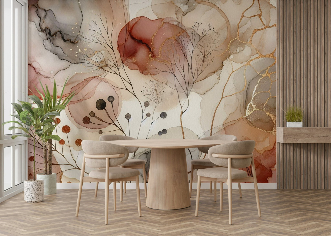 Elegant nature-inspired wall mural with soft greenery.

