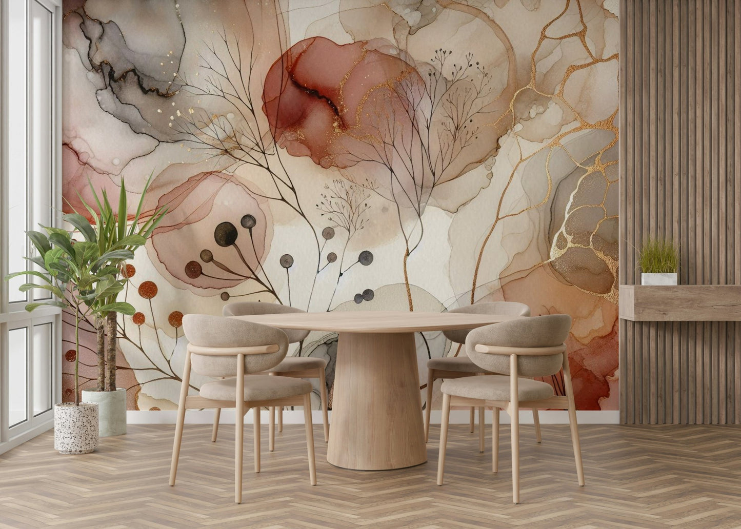 Elegant nature-inspired wall mural with soft greenery.

