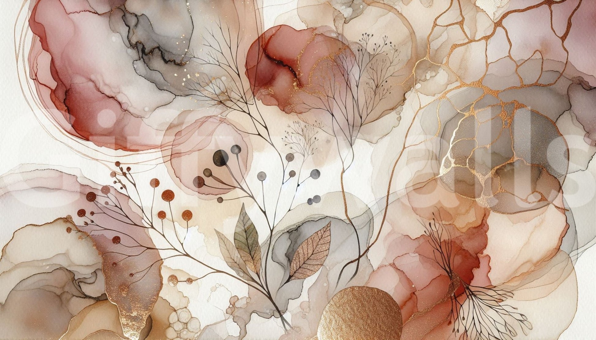 Calming mural with flowing greenery and soft focus.

