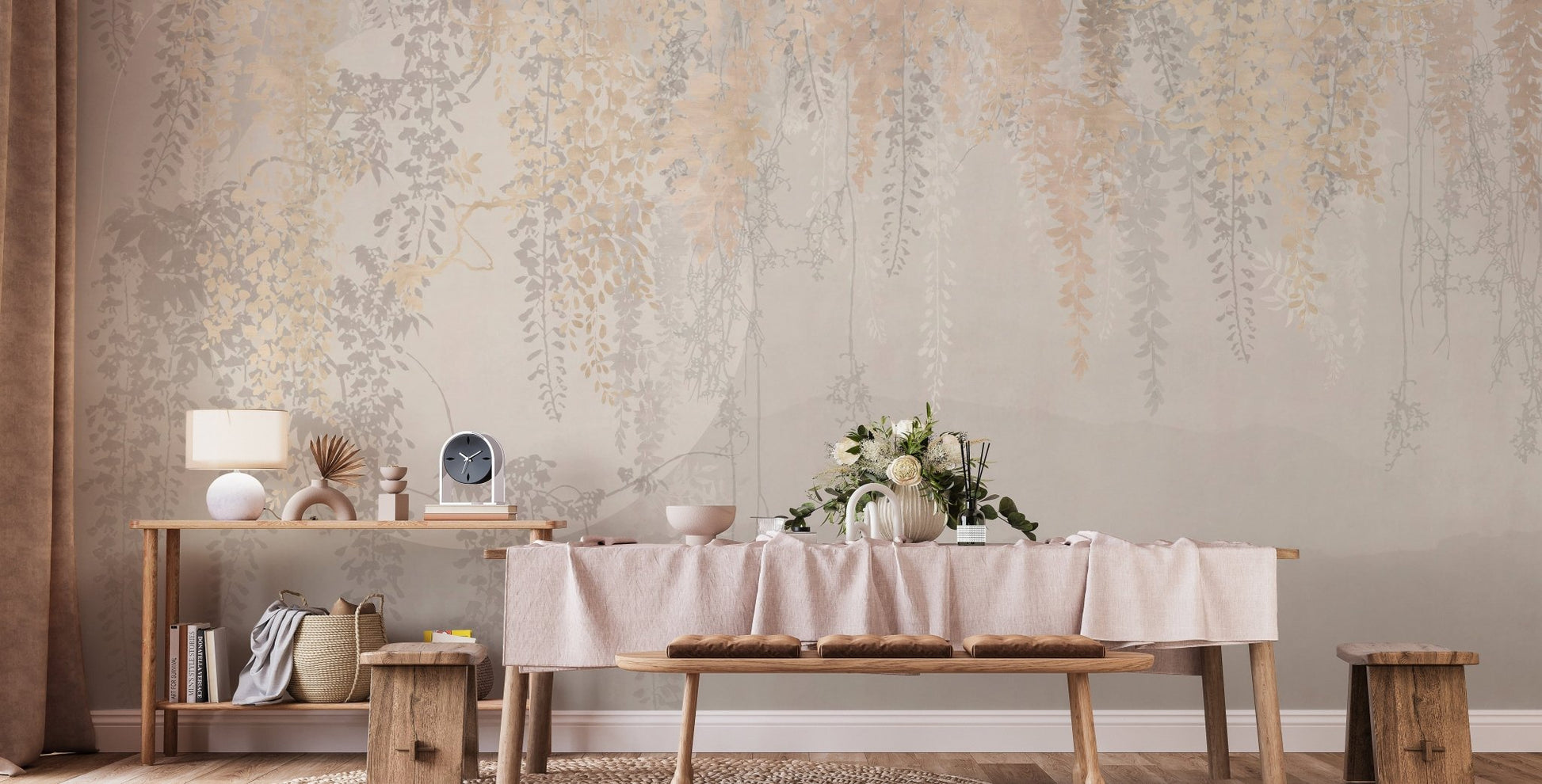 Golden and Grey Hanging Leaves Wallpaper Murals - Giffywalls