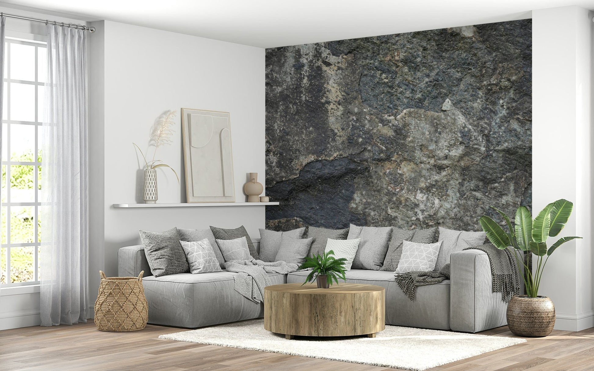 Nature's Rock Wall Mural as a feature wall in a spacious dining area.