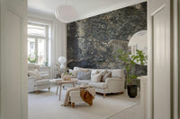 Nature's Rock Wall Mural in a modern living room with a grey leather sofa.