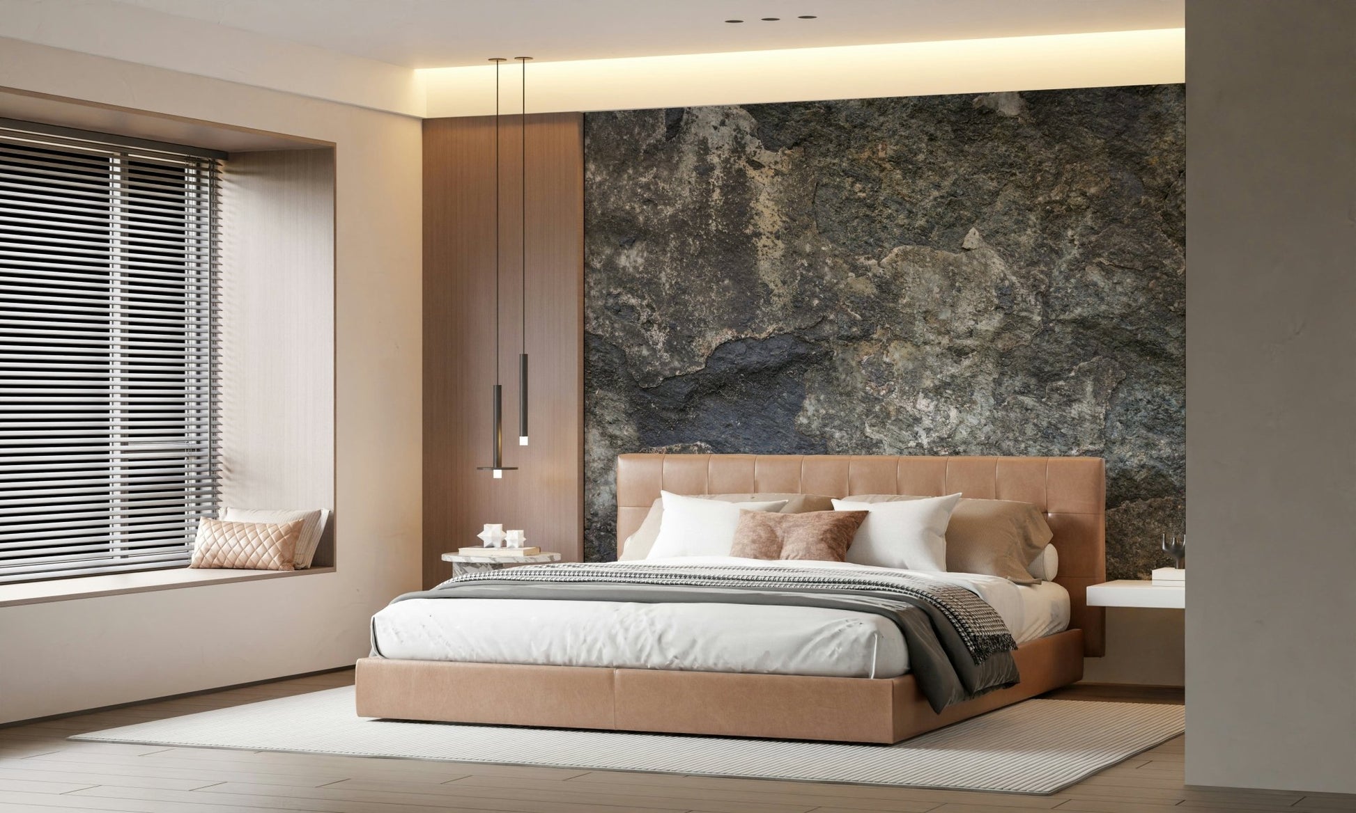 Sophisticated rock pattern wall covering for a guest room suite.