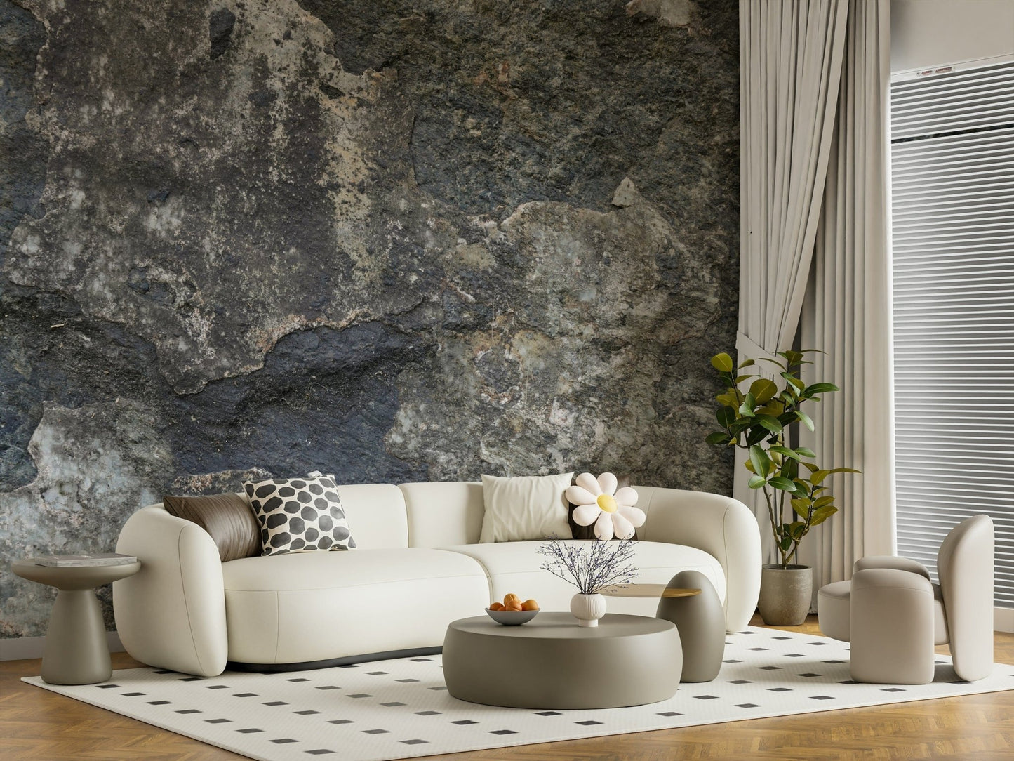 Nature's Rock Wall Mural providing a rugged backdrop for a media room.