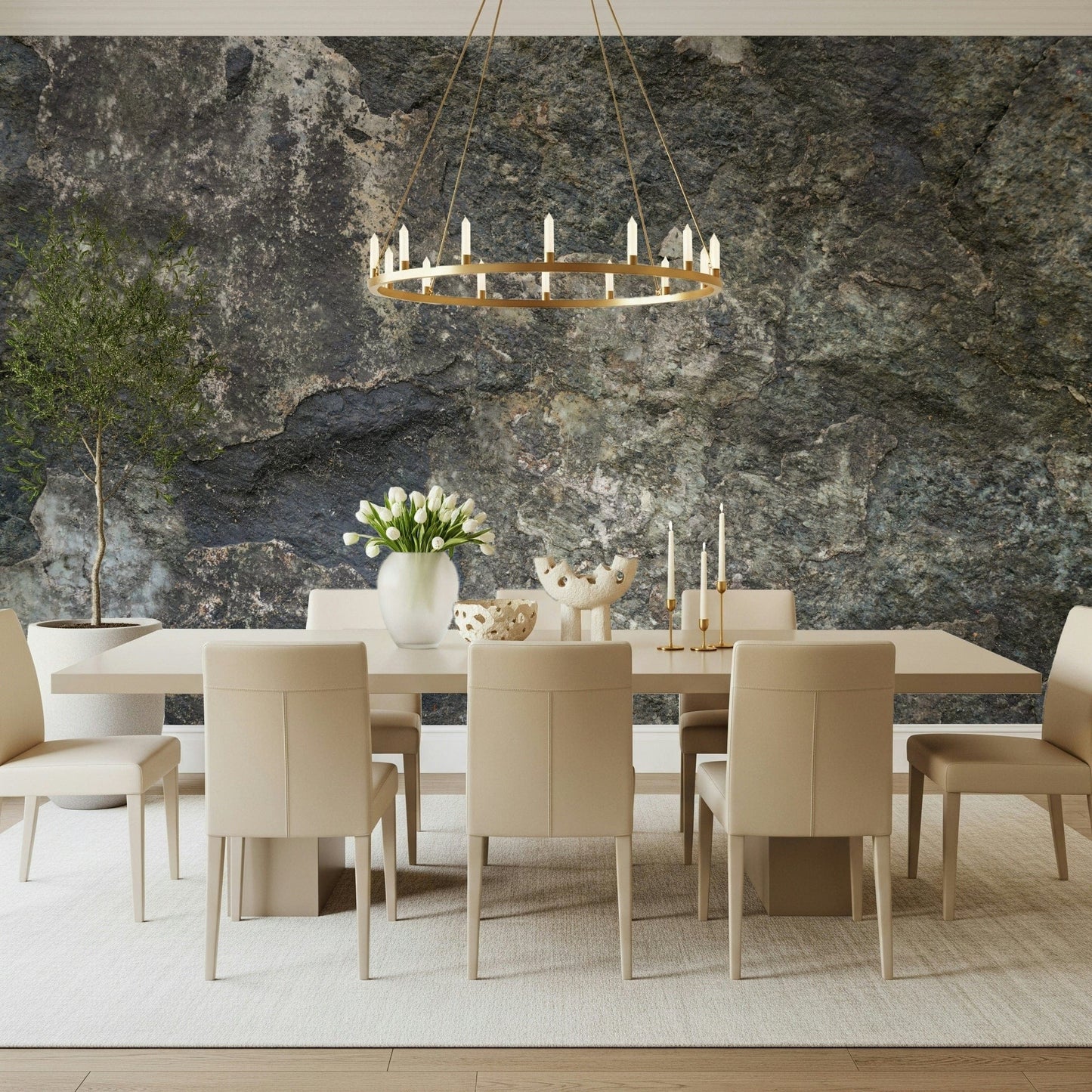 Slate grey stone effect wallpaper for a rustic kitchen interior.