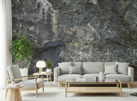 Earthy tone rock mural behind a wooden desk in a study area.