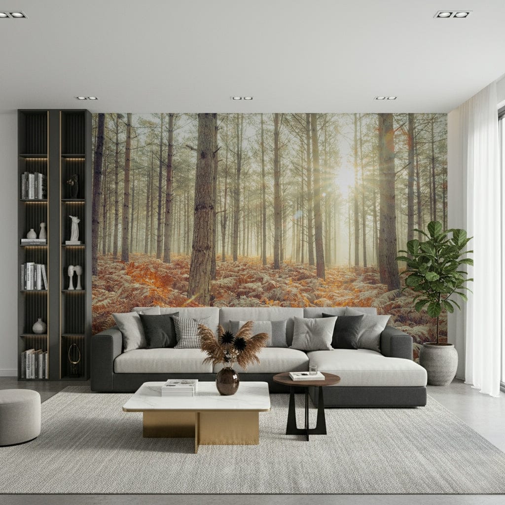 Nature's Spotlight Wall Mural in a minimalist lounge with wooden furniture.