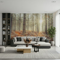 Nature's Spotlight Wall Mural in a minimalist lounge with wooden furniture.