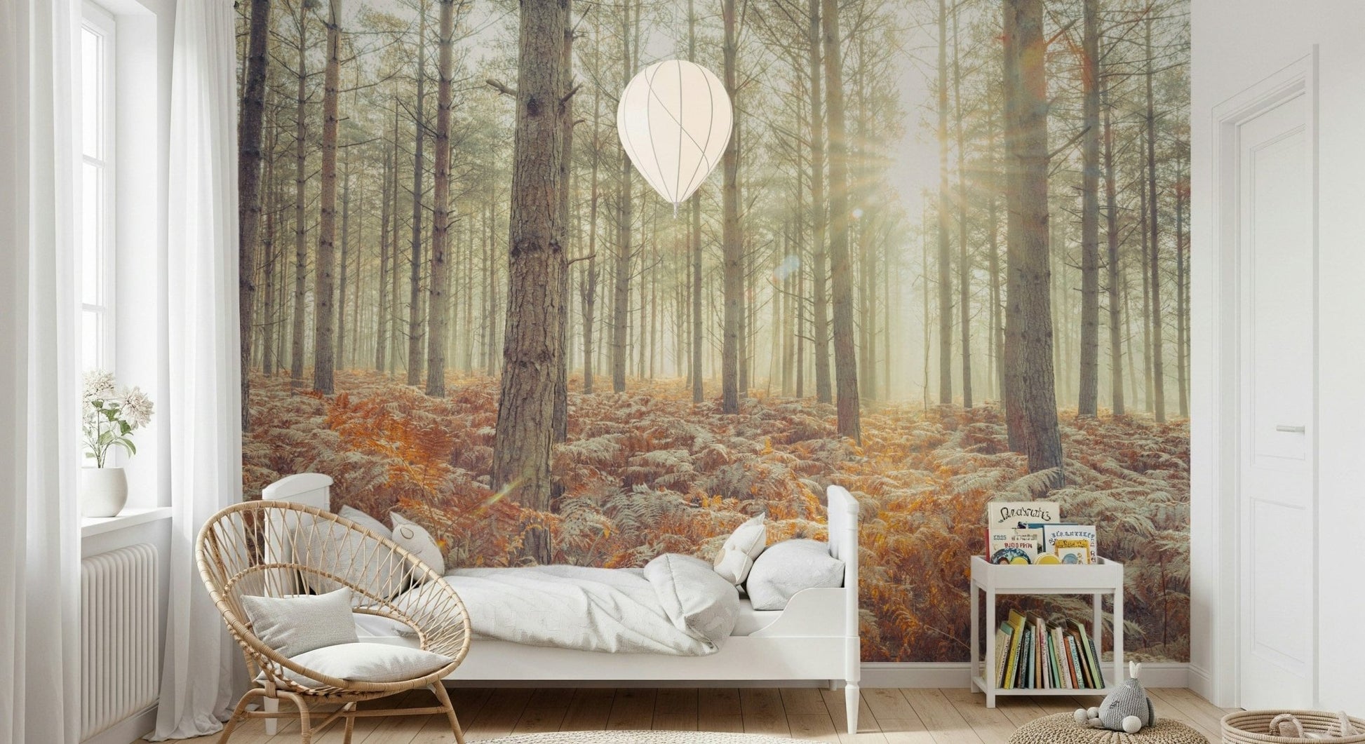 Misty forest wall mural for a modern apartment study area.