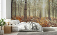 Elegant tree pattern wallpaper for a calming guest room atmosphere.