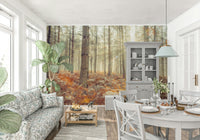 Serene forest landscape wall mural for a minimalist bedroom interior.