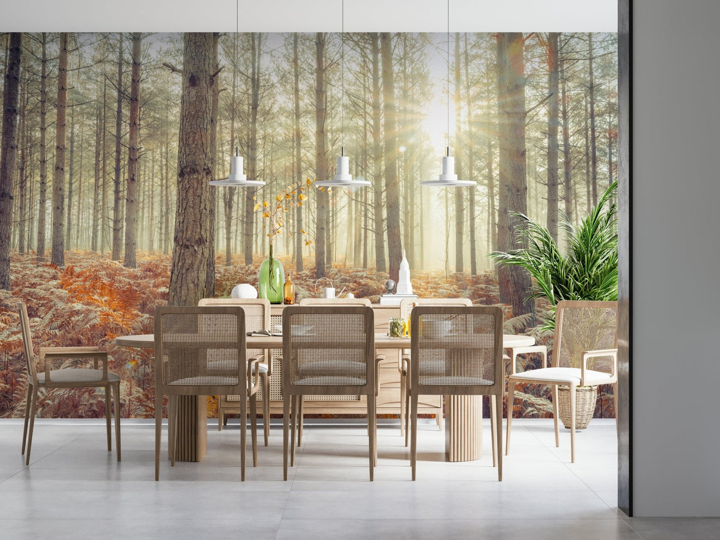 Large scale nature inspired wall mural in an open plan living space.