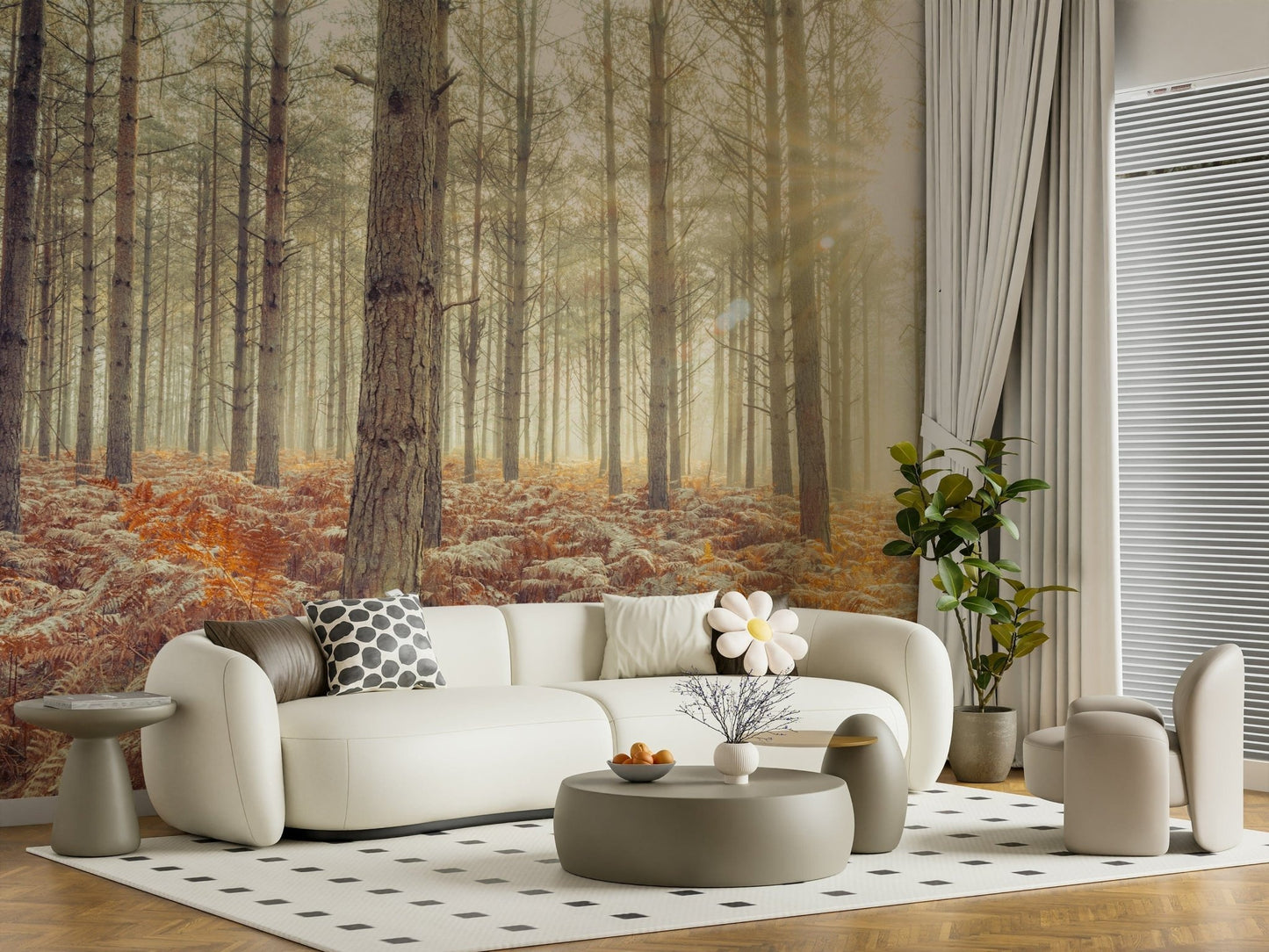 Detailed leaf and branch wallpaper for a master suite accent wall.