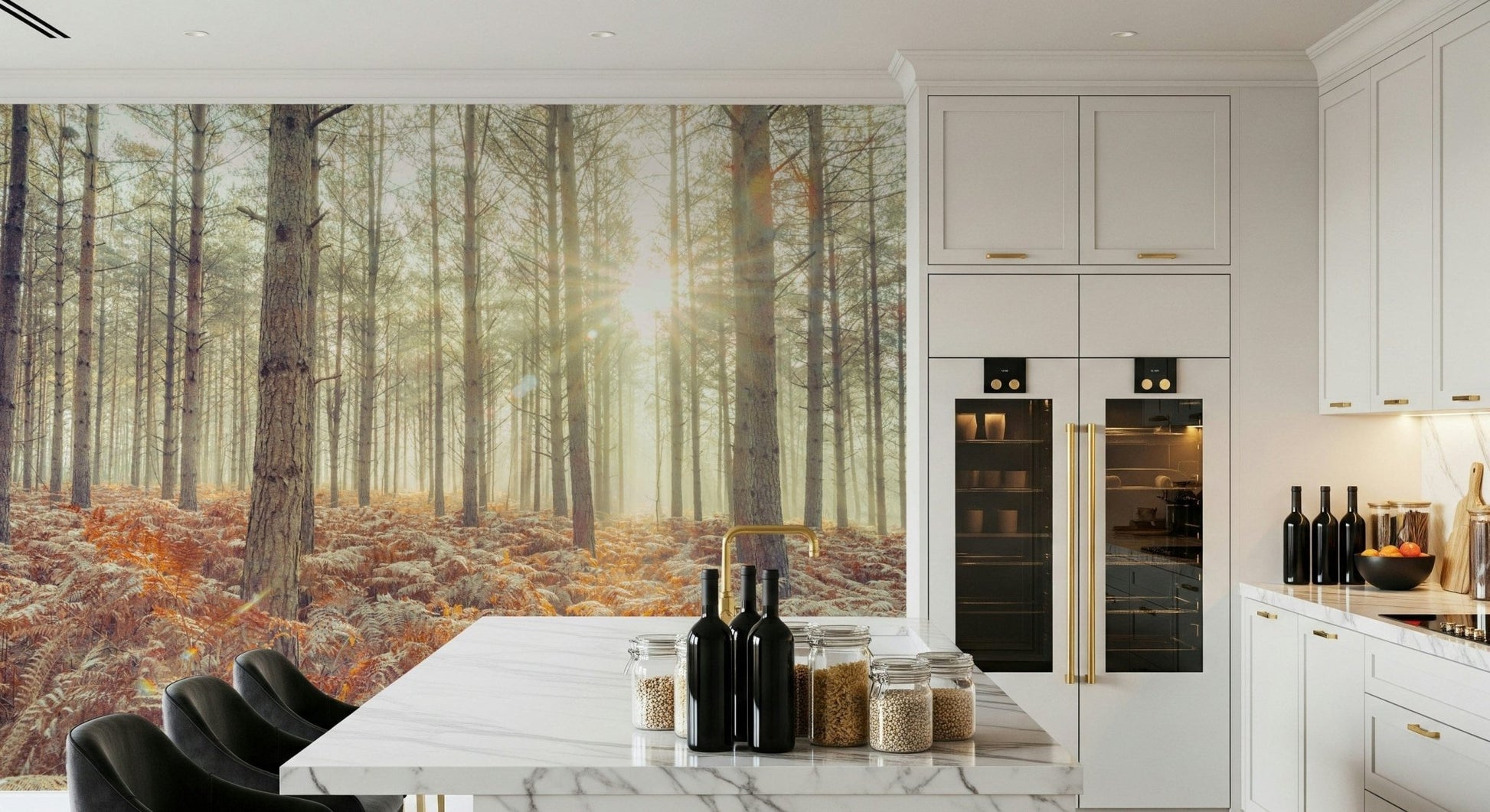 Botanical silhouette wallpaper for a professional home office feature wall.