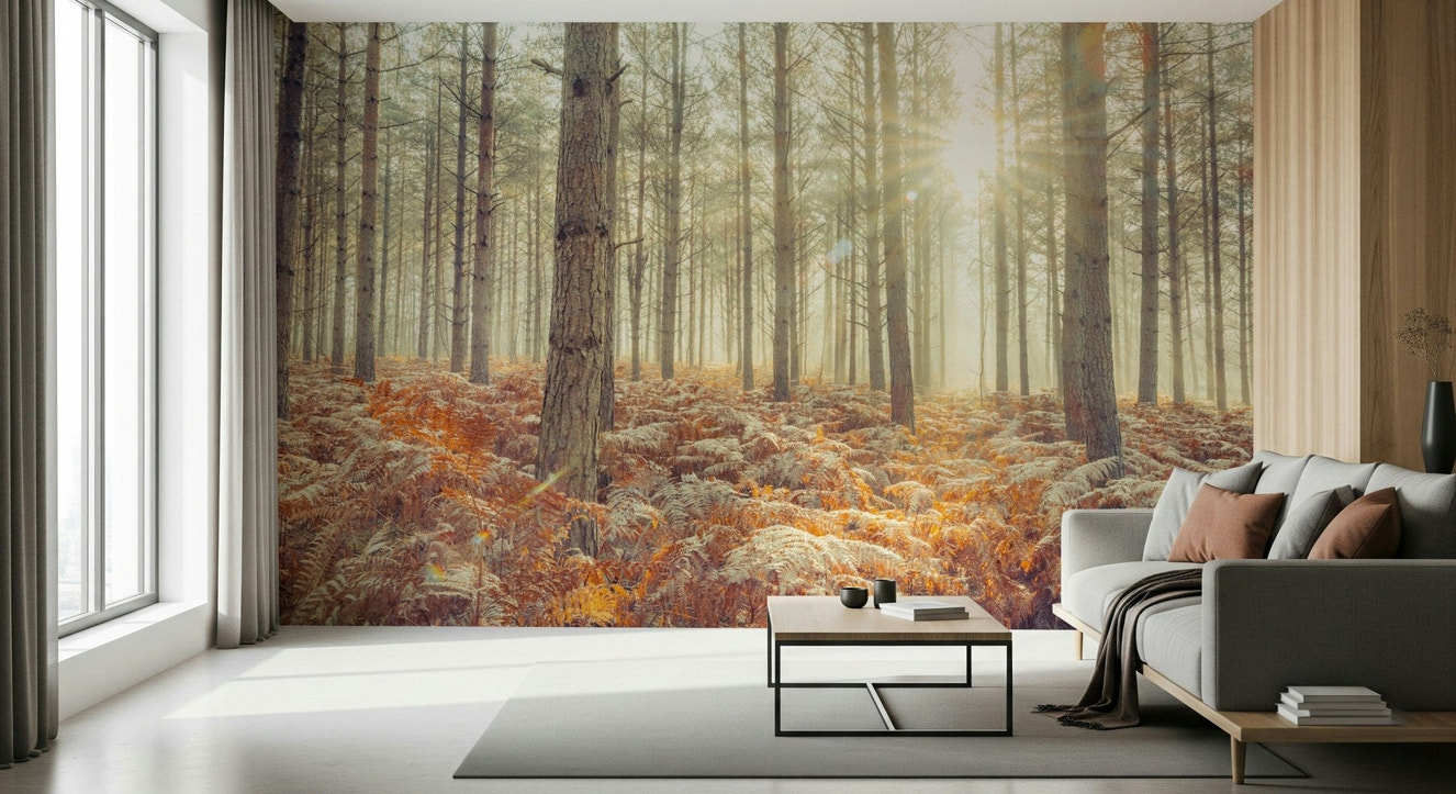 Nature's Spotlight Wall Mural in a modern living room with beige sofa wallpaper.