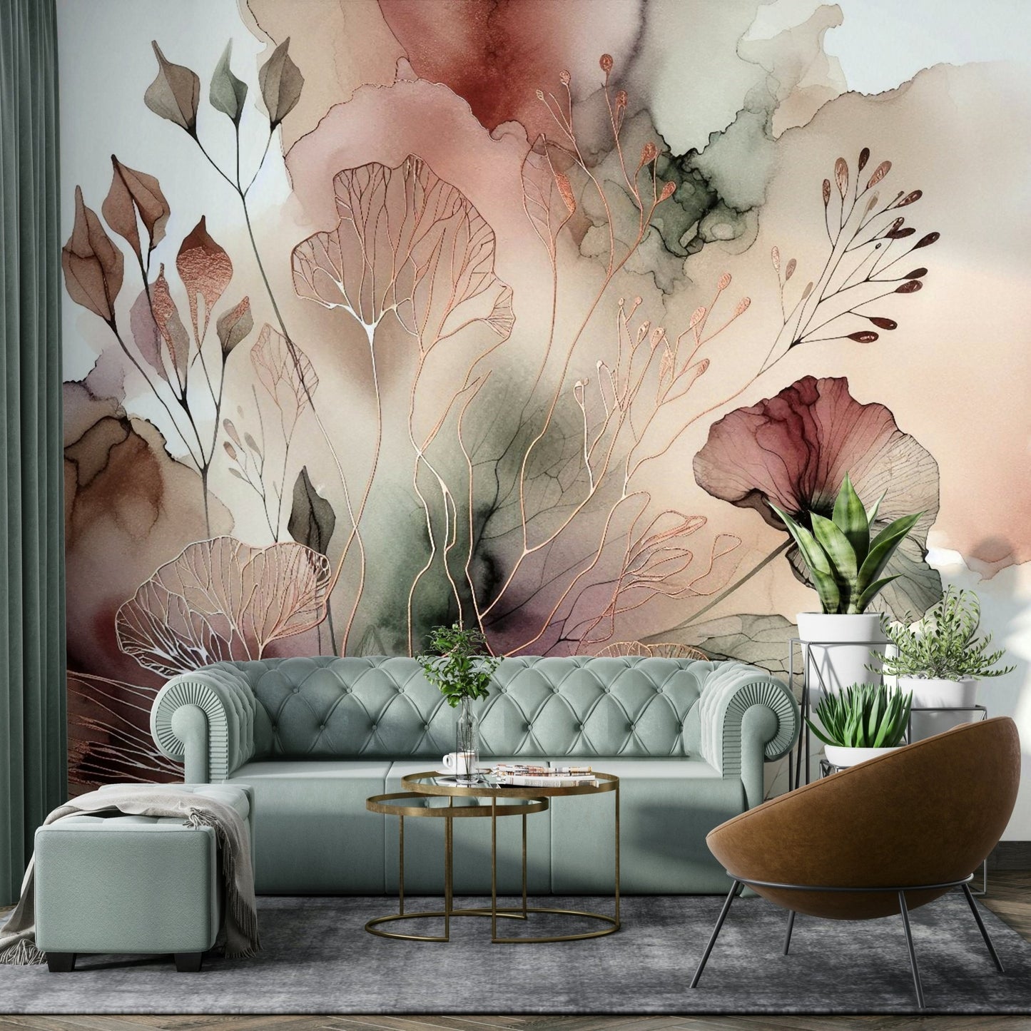 Serene nature mural with soft landscape tones.

