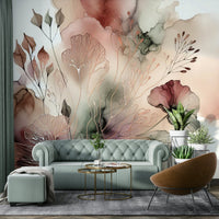 Serene nature mural with soft landscape tones.

