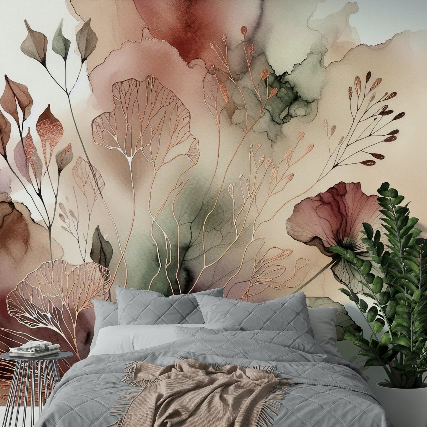 Tranquil forest mural with dreamy brushwork.

