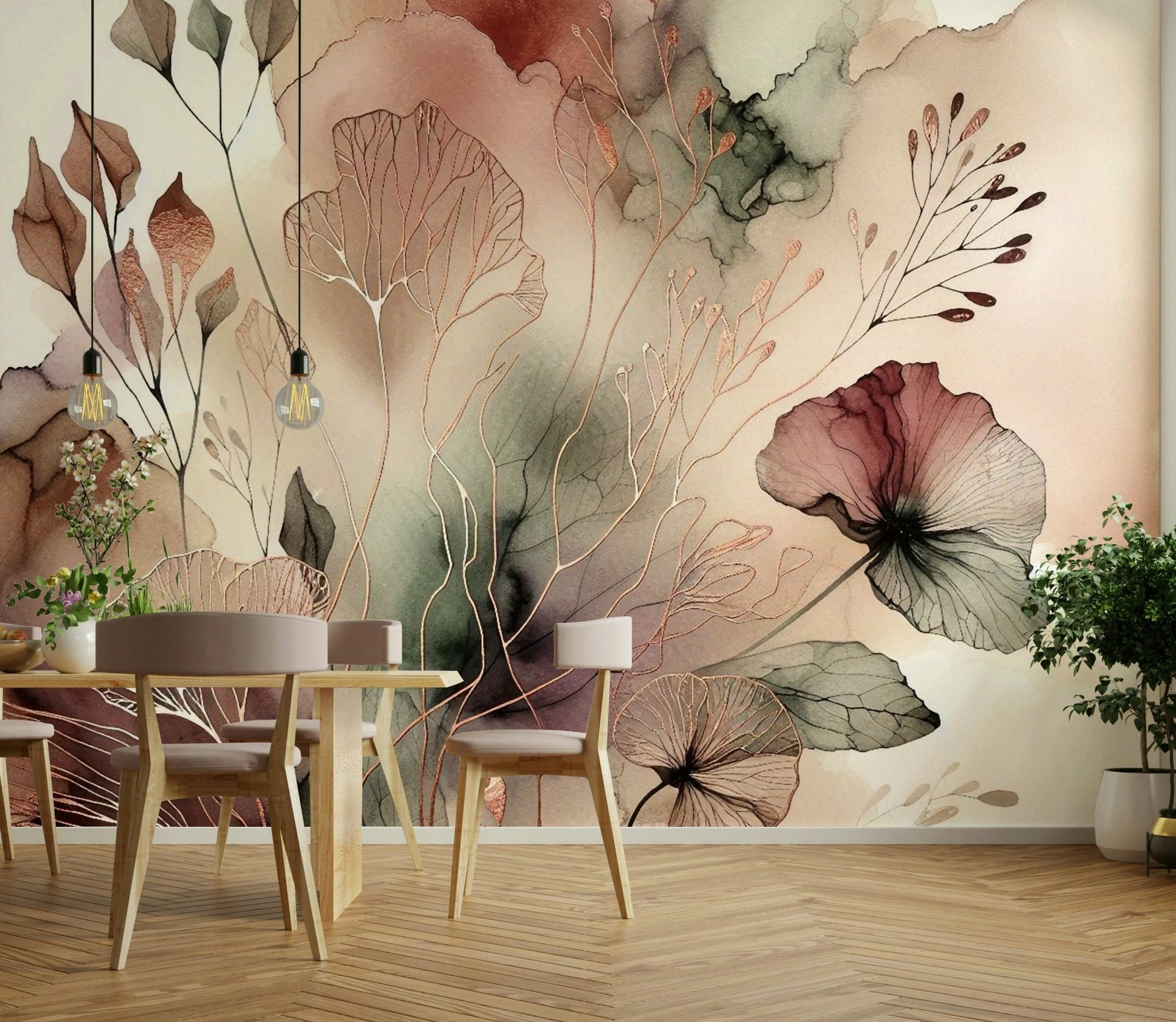 Ethereal mural of woodland scene in muted hues.

