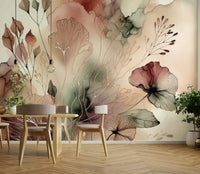 Ethereal mural of woodland scene in muted hues.

