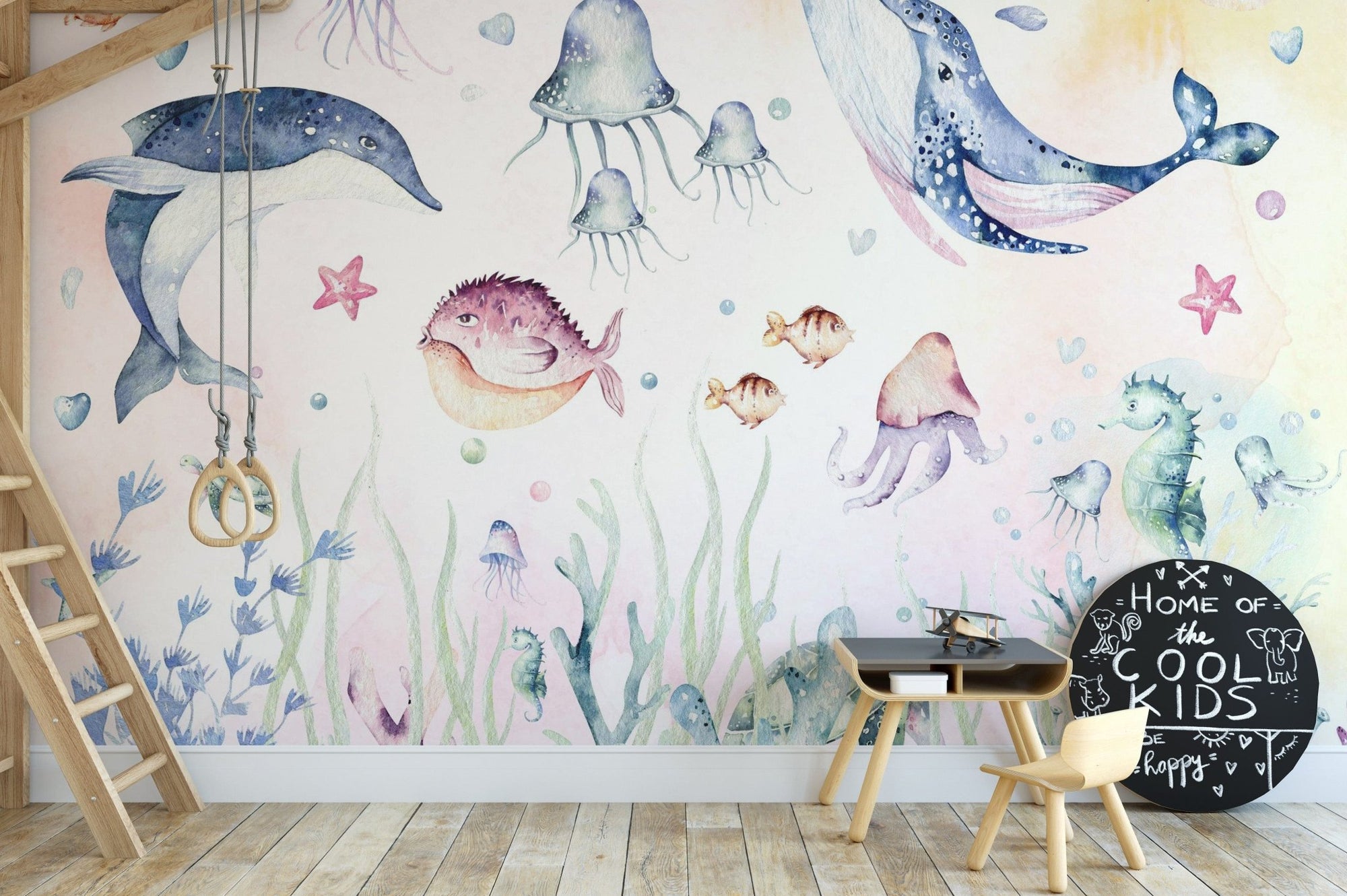 Playful underwater mural with sea creatures, C162