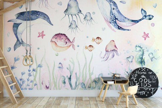 Playful underwater mural with sea creatures, C162
