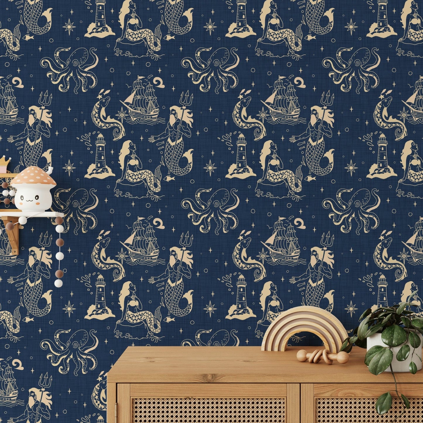 Mythical sea creatures and ships on mural wallpaper
