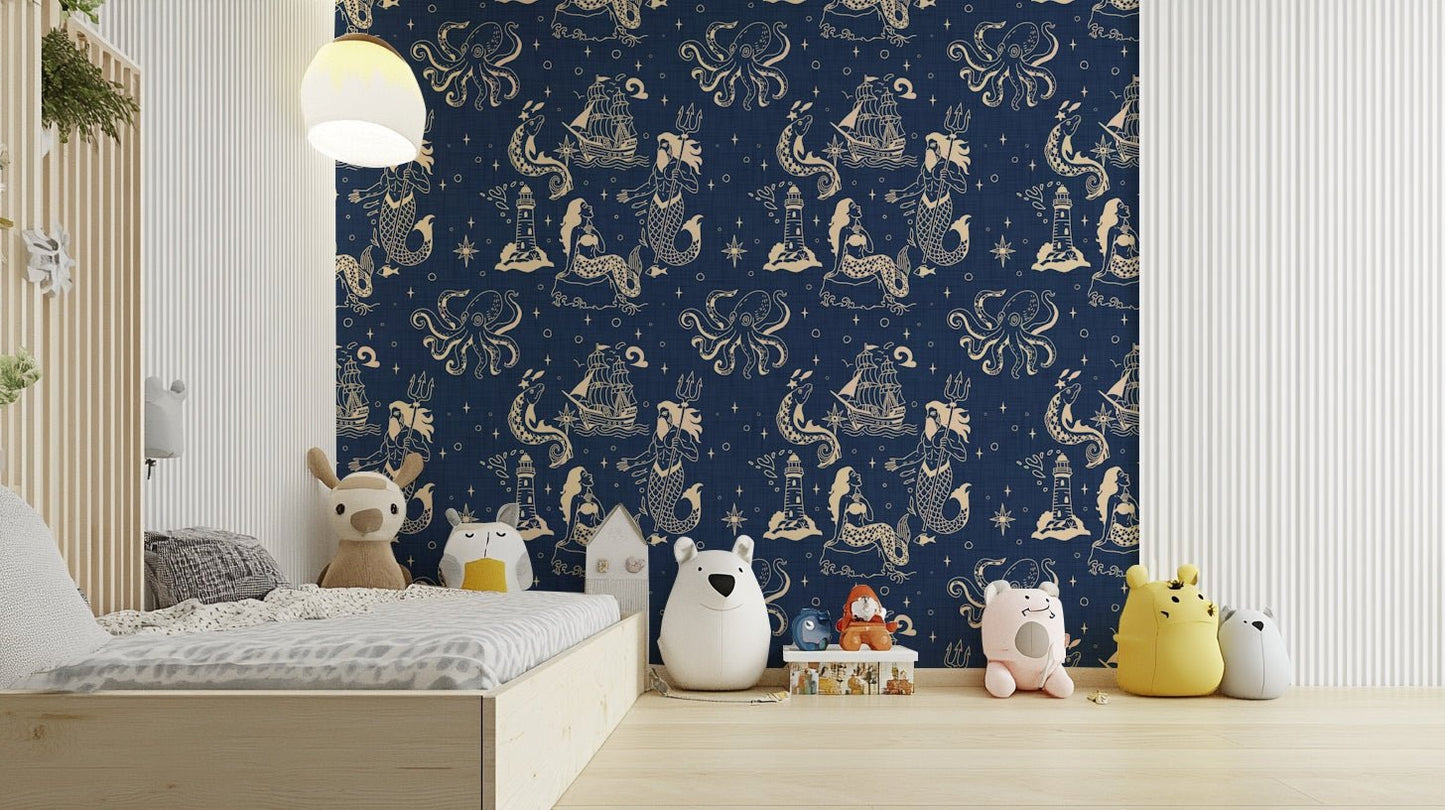 Ocean blue wallpaper with vintage sea illustrations
