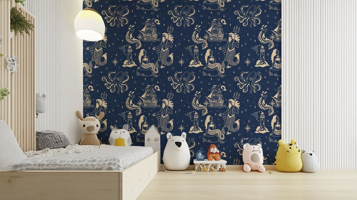 Ocean blue wallpaper with vintage sea illustrations
