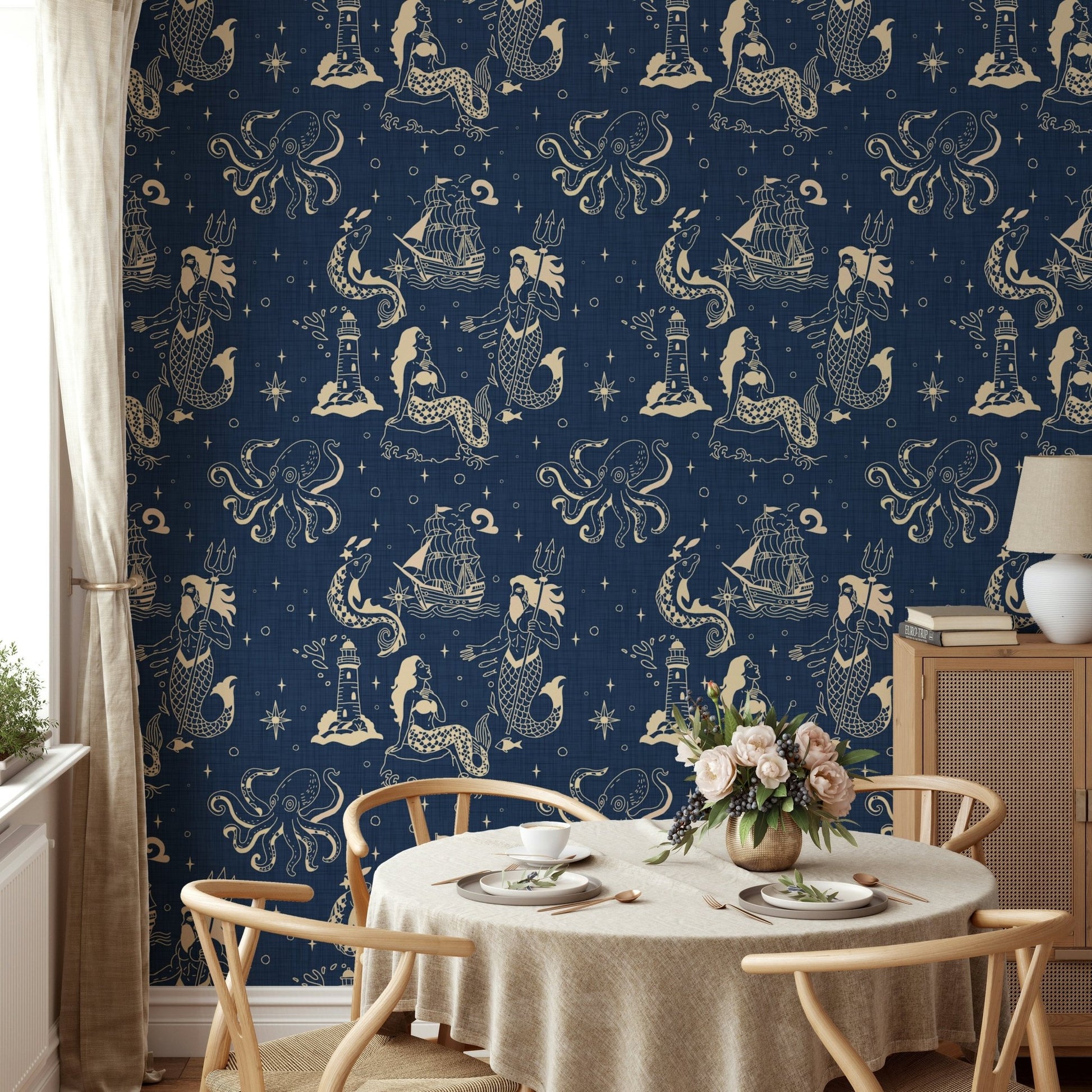 Nautical Mythology Inked Ocean Blue wallpaper design
