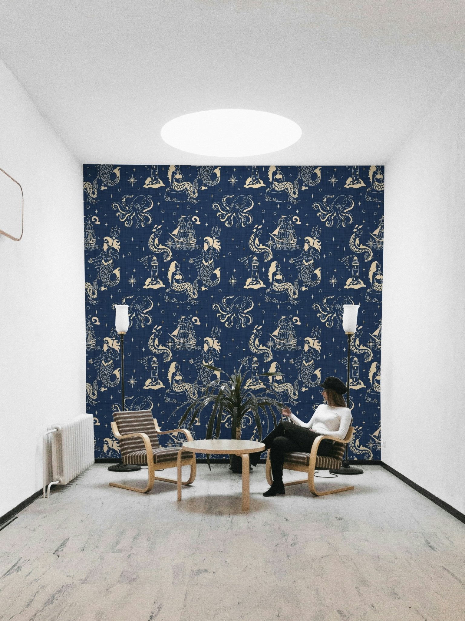 Bold ocean blue mural with mythical elements
